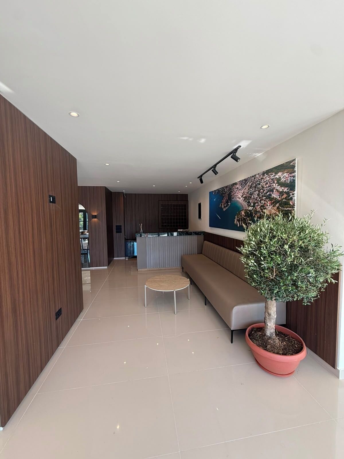 Un intérieur moderne comprenant un espace d’accueil, un coin salon avec un canapé et une table ronde, ainsi qu’une plante en pot.