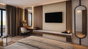 A modern hotel room with a large bed, a desk with a chair, a flat-screen TV mounted on the wall, and a large mirror. - HOTEL MEDITERRANEO LIMAN free private beach for hotel guest (Ulcinj)