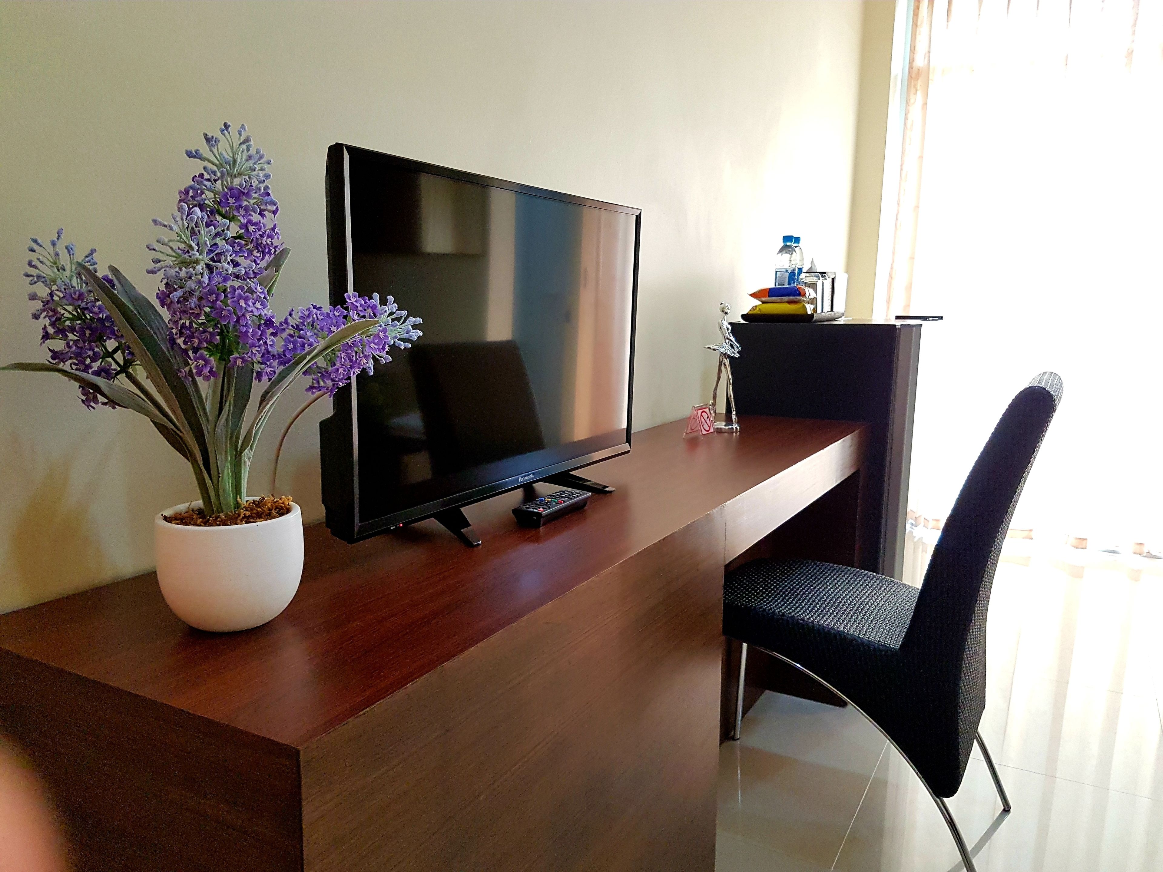 A modern hotel room with a wooden desk, a flat-screen TV, a potted plant, a chair, and a small table with a water bottle and a figurine.