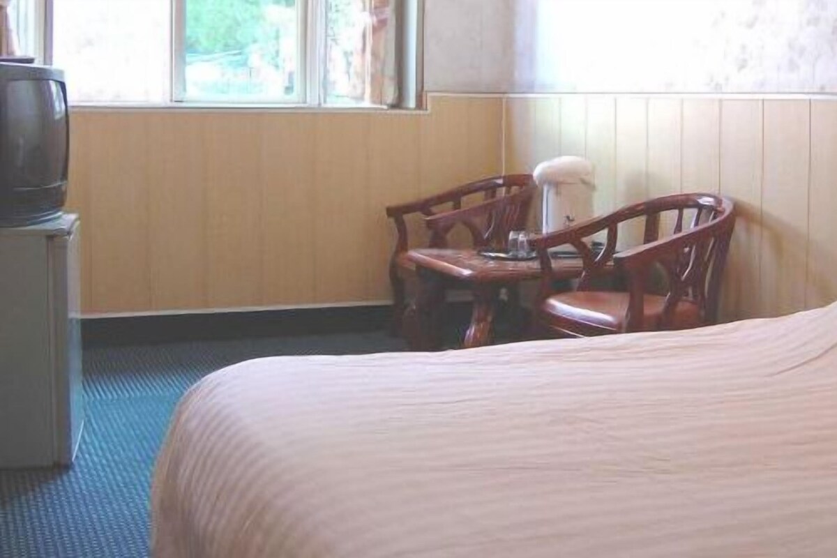 A hotel room with a bed, a desk, a chair, and a television.