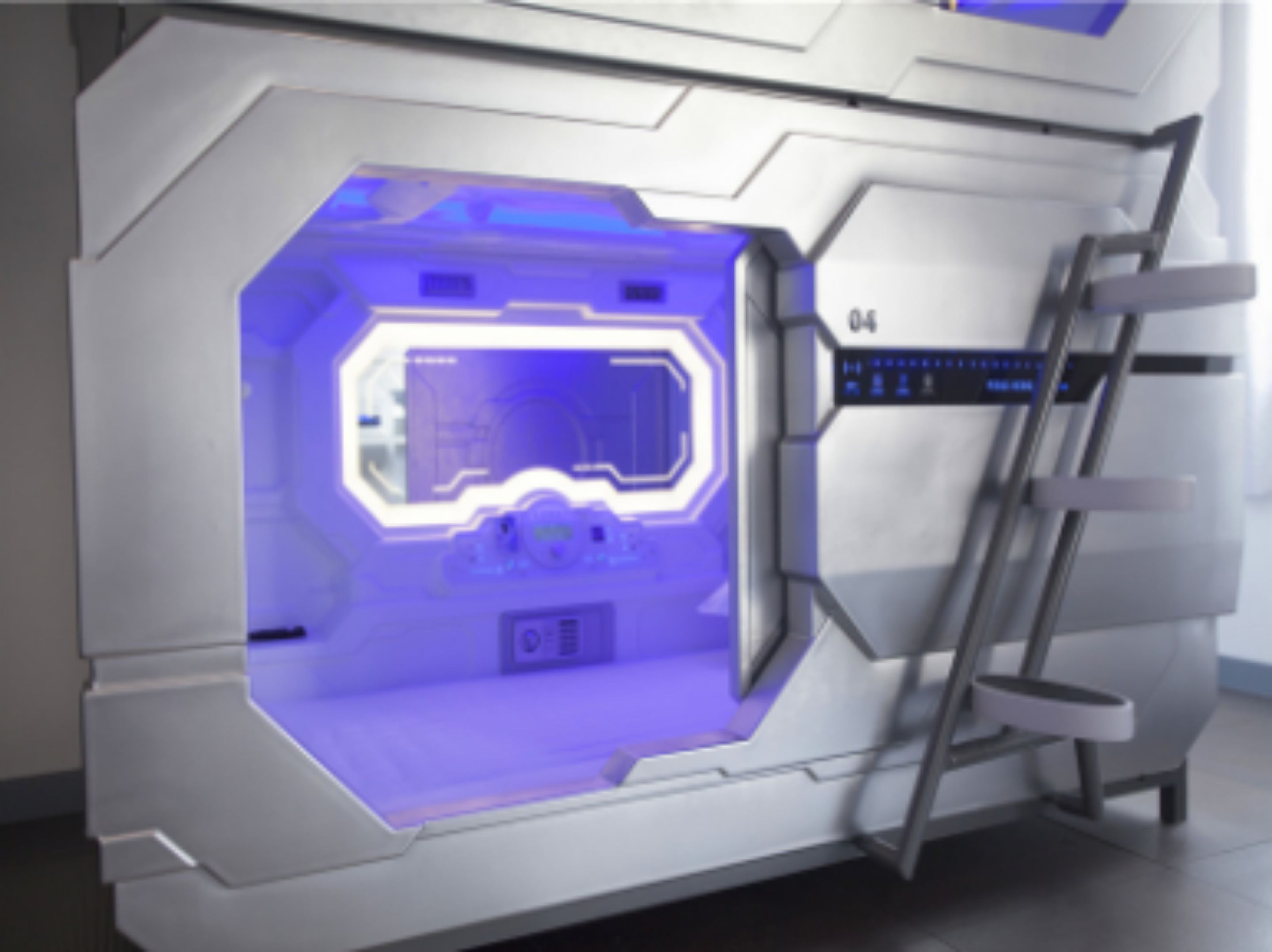 A futuristic room with a central glowing blue portal, a ladder, and a control panel.
