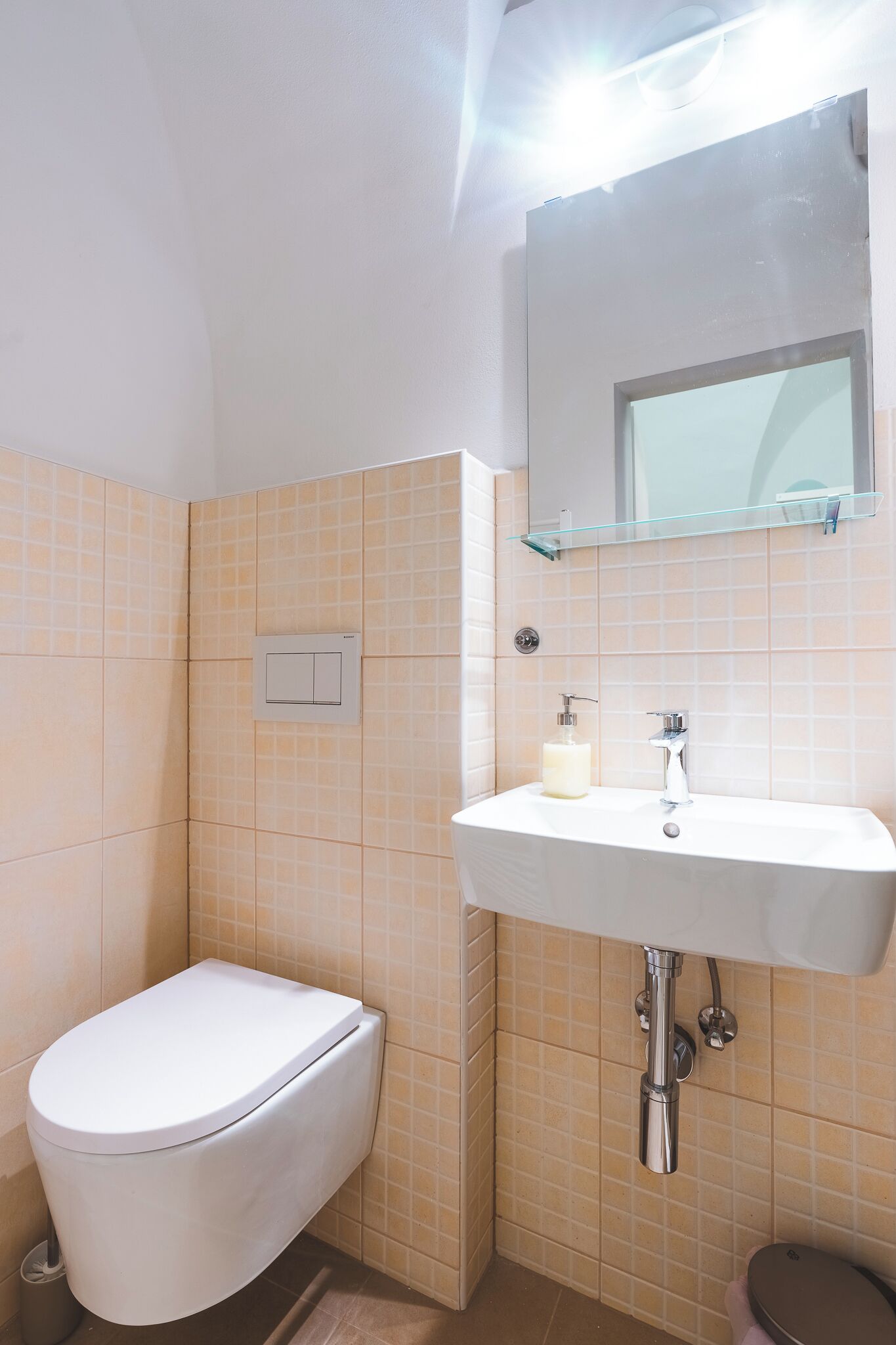 Un baño con un inodoro blanco, un lavabo con un estante de cristal encima y un espejo.