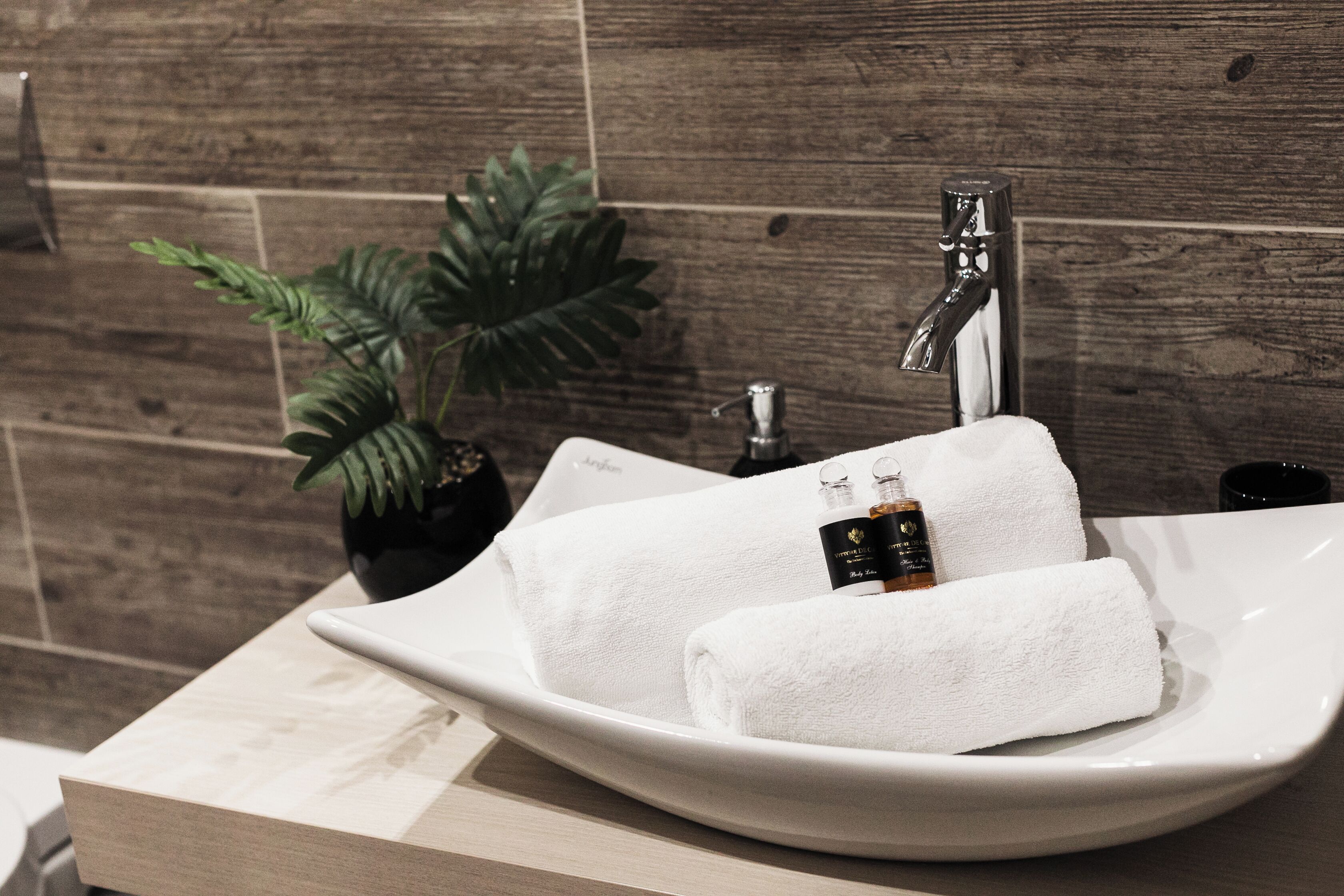 A bathroom with a white sink, a potted plant, and a bottle of hand soap.