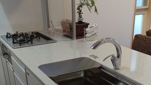 A kitchen with a stainless steel sink, a gas stove, and wooden flooring. - Green House (Urasoe)