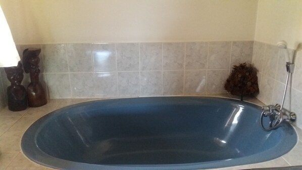 A large, oval-shaped bathtub with a shower attachment on the right side. - Caprivi River Lodge (Katima Mulilo)