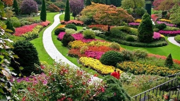 A well-maintained garden with a winding path, variously colored flower beds, and neatly trimmed hedges. - Catherine Hotel (Chisinau)