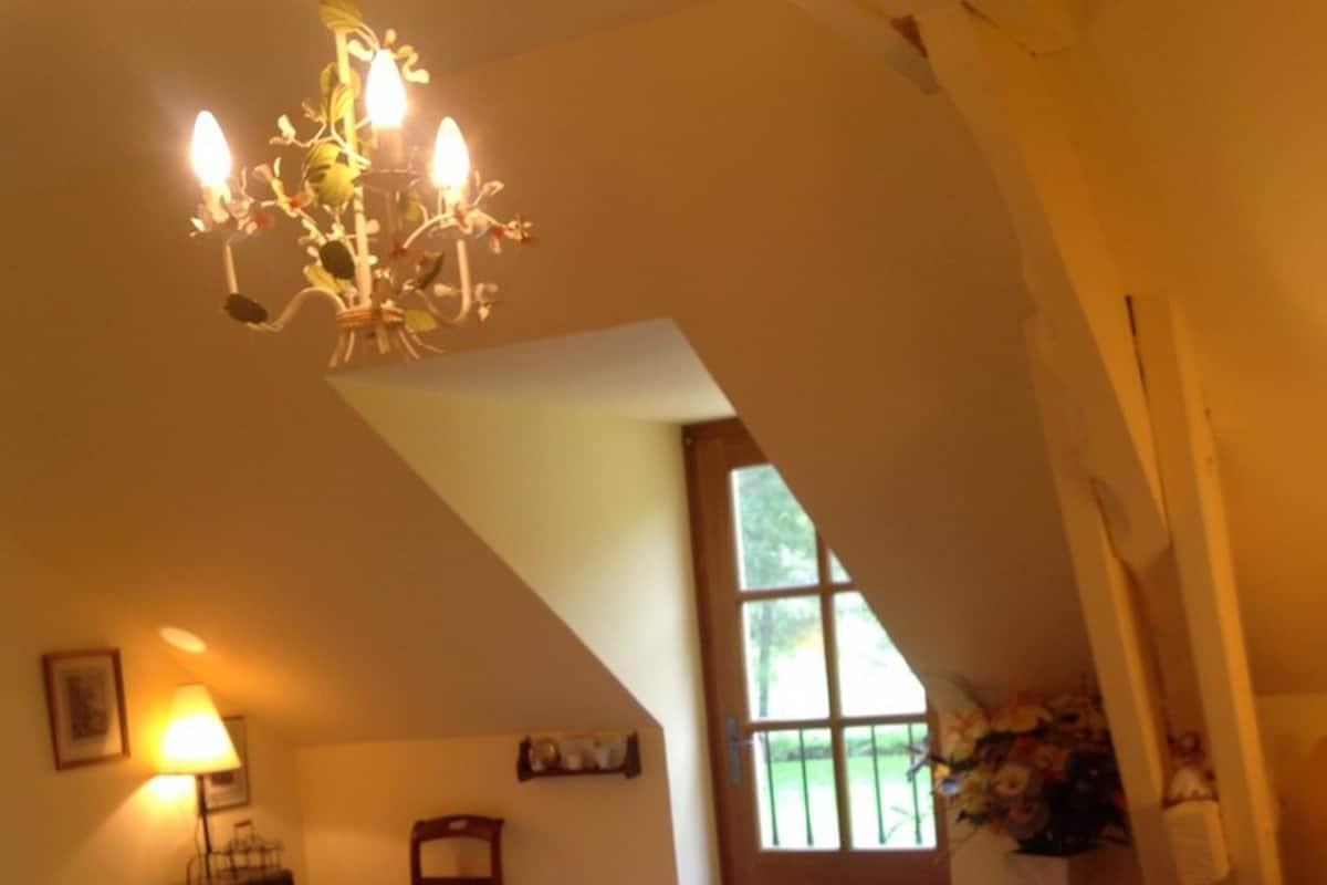 Une chambre à coucher avec un lit, une chaise, un bureau, une lampe, un lustre et une fenêtre.