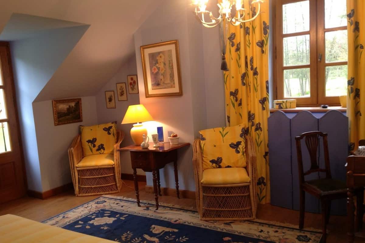 Une pièce chaleureuse avec deux fauteuils en osier, une petite table avec une lampe, un tapis à motifs floraux bleus et blancs, et un tableau accroché au mur.