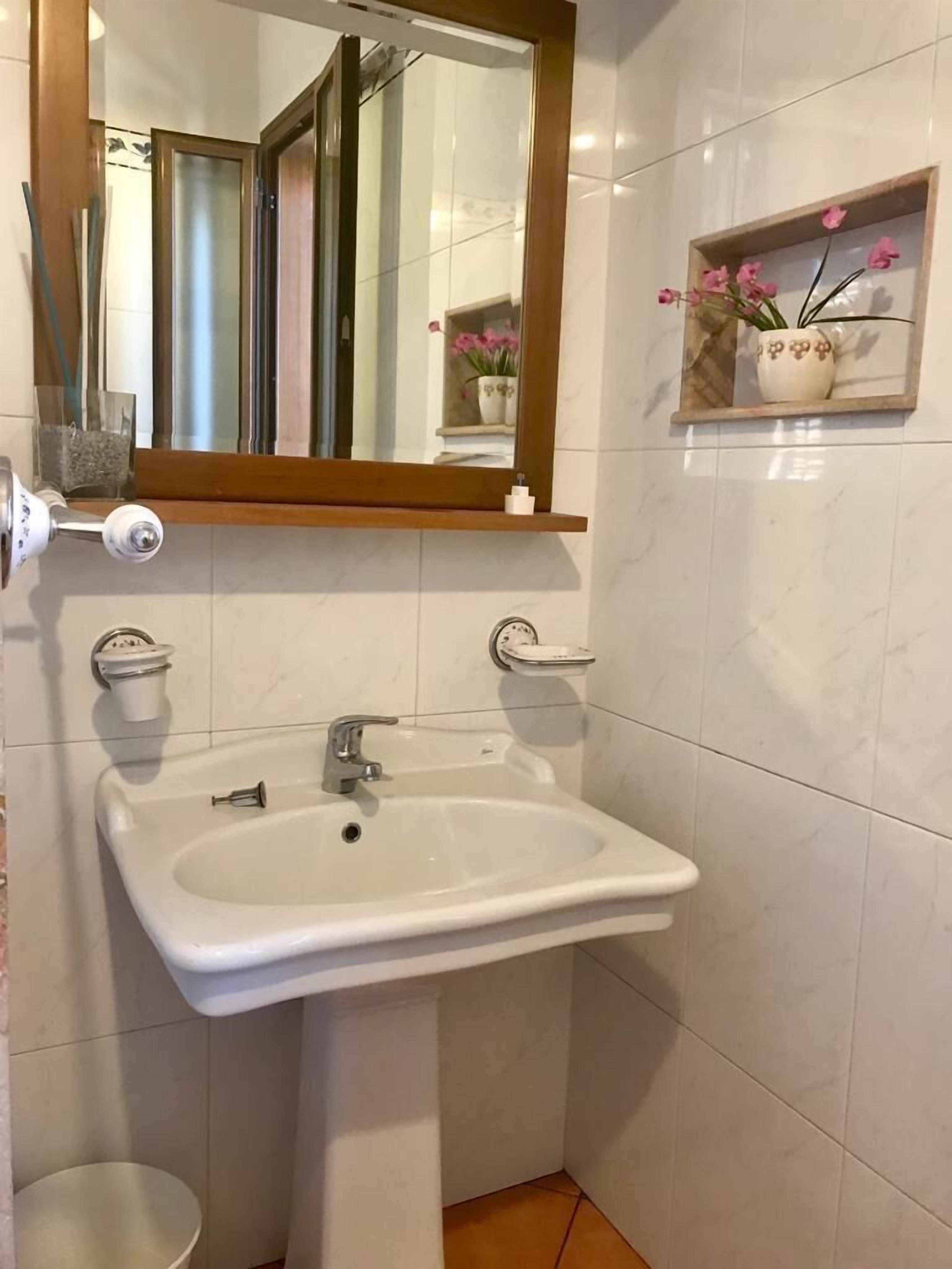 Un baño con un lavamanos blanco, un espejo y un pequeño estante con una planta en maceta.