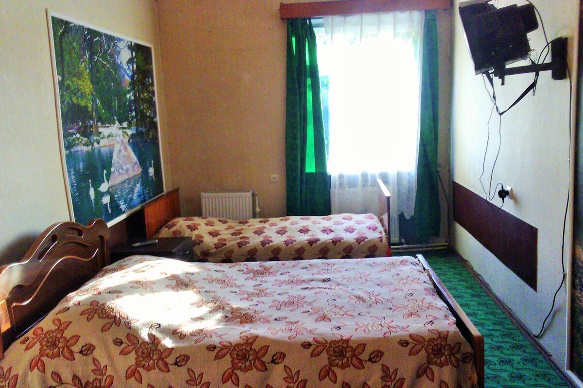 Une chambre d’hôtel avec deux lits, une télévision, une fenêtre avec des rideaux et un radiateur.