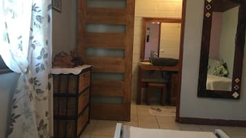 Desk, blackout drapes, soundproofing, iron/ironing board