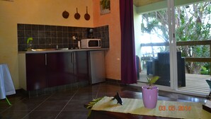 A kitchen with dark cabinets, a microwave, and a potted plant on a mat. - La Caz Océane (Saint-Leu)