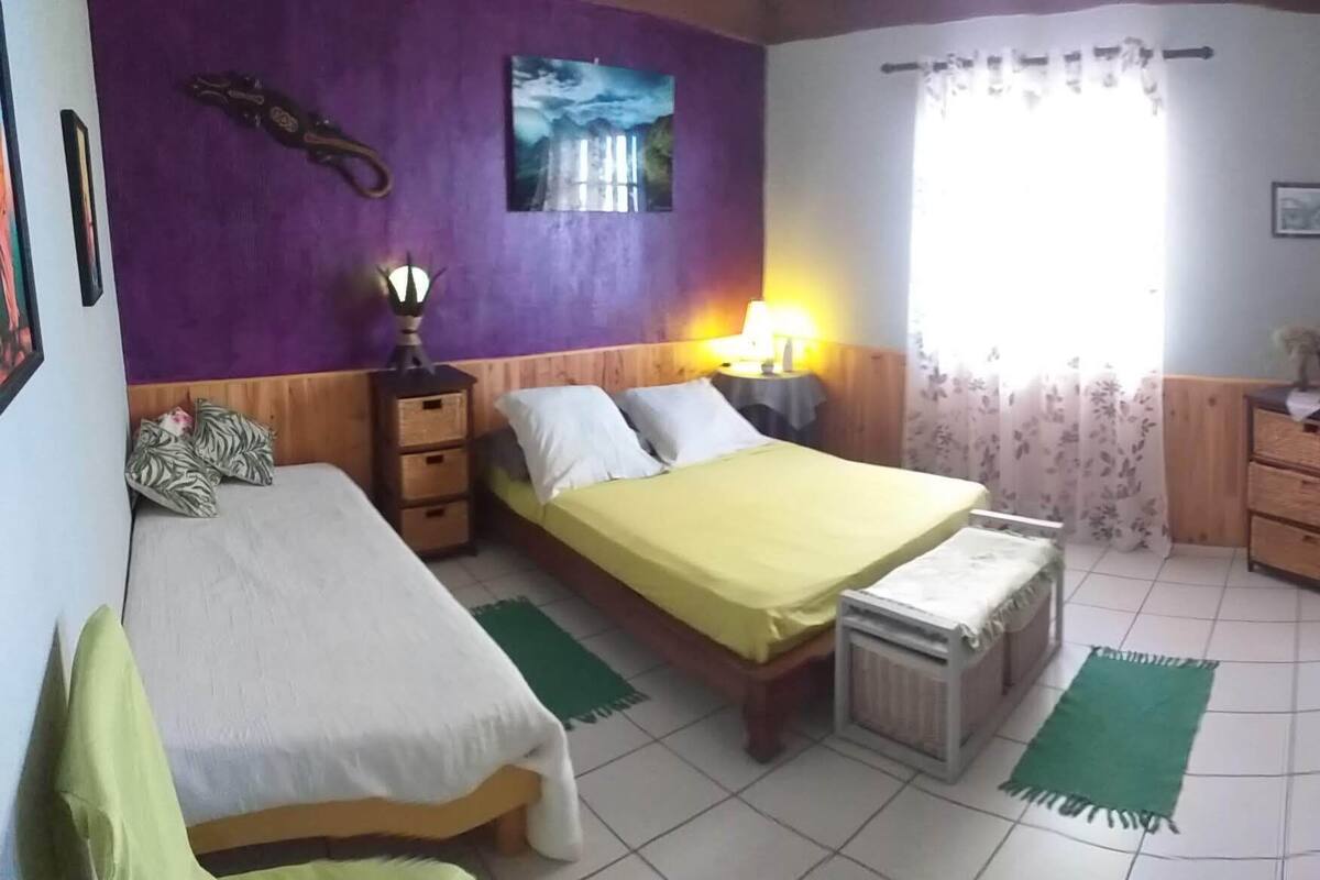A bedroom with two beds, a wooden wardrobe, a window with floral curtains, and a green rug.