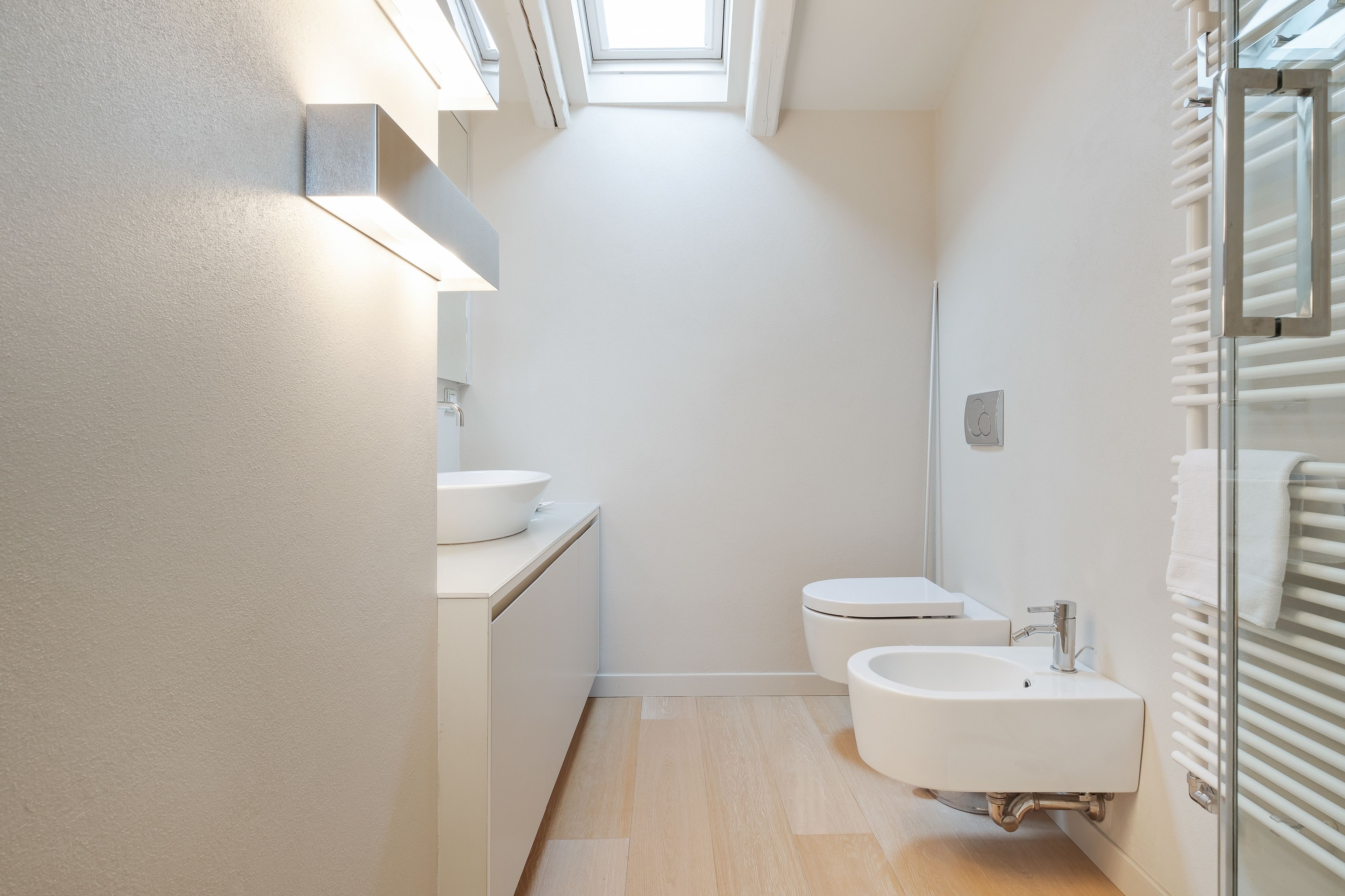 A modern bathroom with a skylight, a toilet, a sink, and a glass shower enclosure.