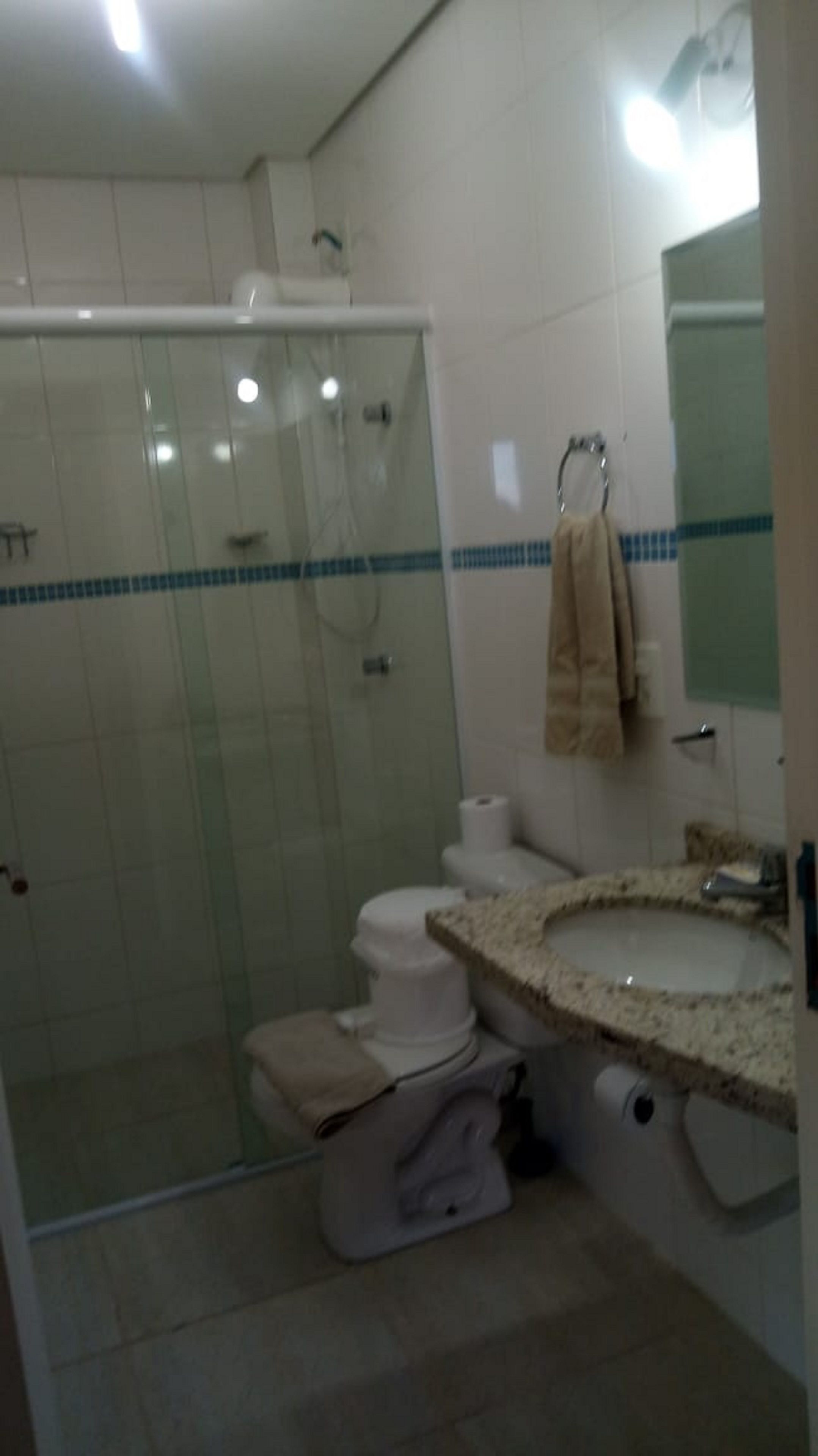 A bathroom with a glass-enclosed shower, a toilet, and a sink with a towel rack.