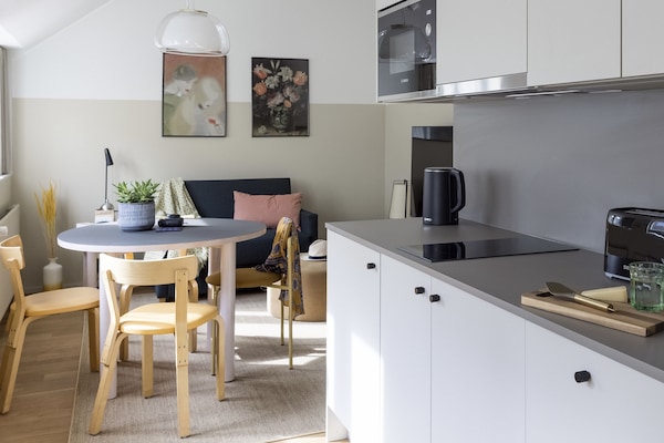 Pet-Friendly Finnish Design Penthouse | Cozinha privada | Geladeira grande, micro-ondas, cooktop, lava-louças