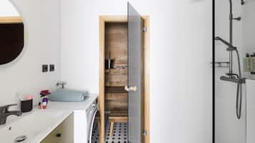 Shower, designer toiletries, hair dryer, heated floors