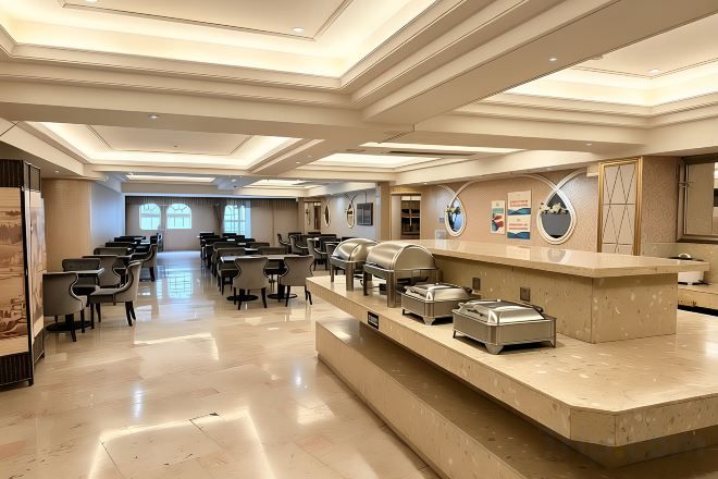 Un amplio vestíbulo de hotel con mostrador de recepción, zona de estar y grandes ventanales.