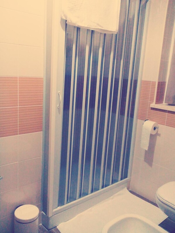 Un baño con cabina de ducha, inodoro y un rollo de papel higiénico en la pared.