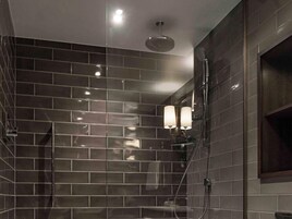 Un baño moderno con paredes de azulejos oscuros, cabina de ducha con mampara de vidrio y dos luces empotradas.