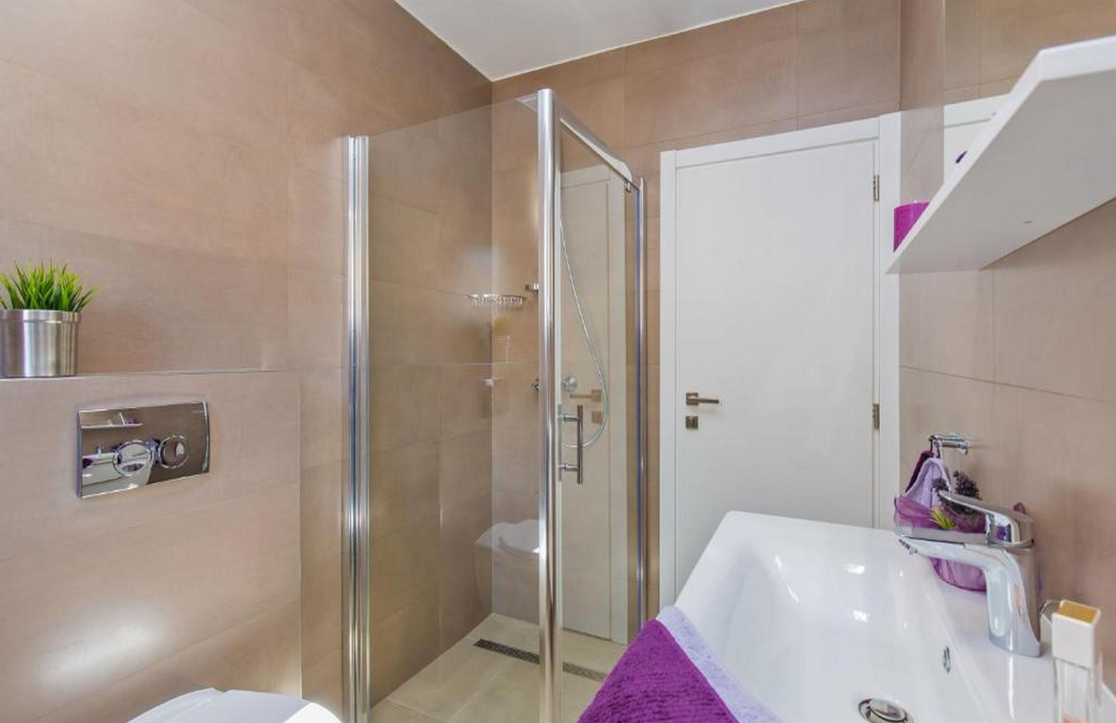 Een moderne badkamer met een douchecabine van glas, een wit bad en een kleine potplant aan de muur.