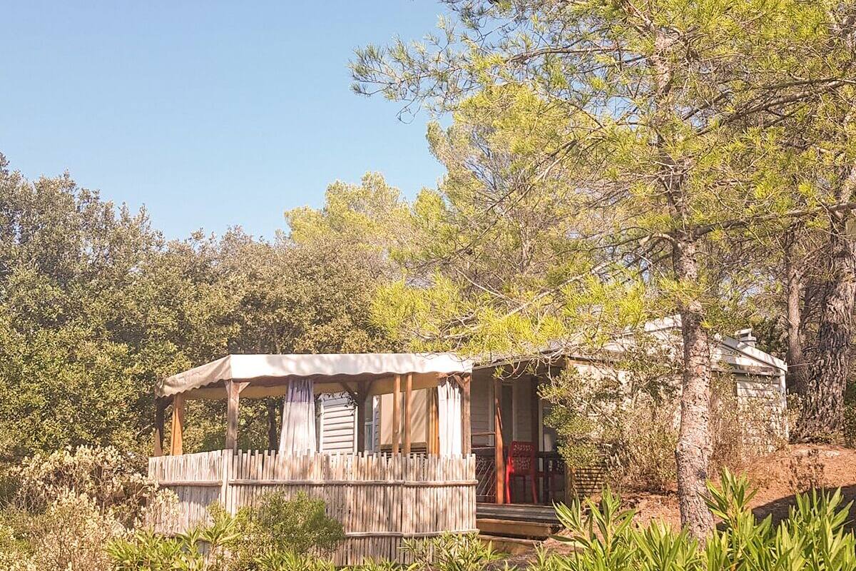 A rustic cabin with a wooden deck, surrounded by dense foliage.