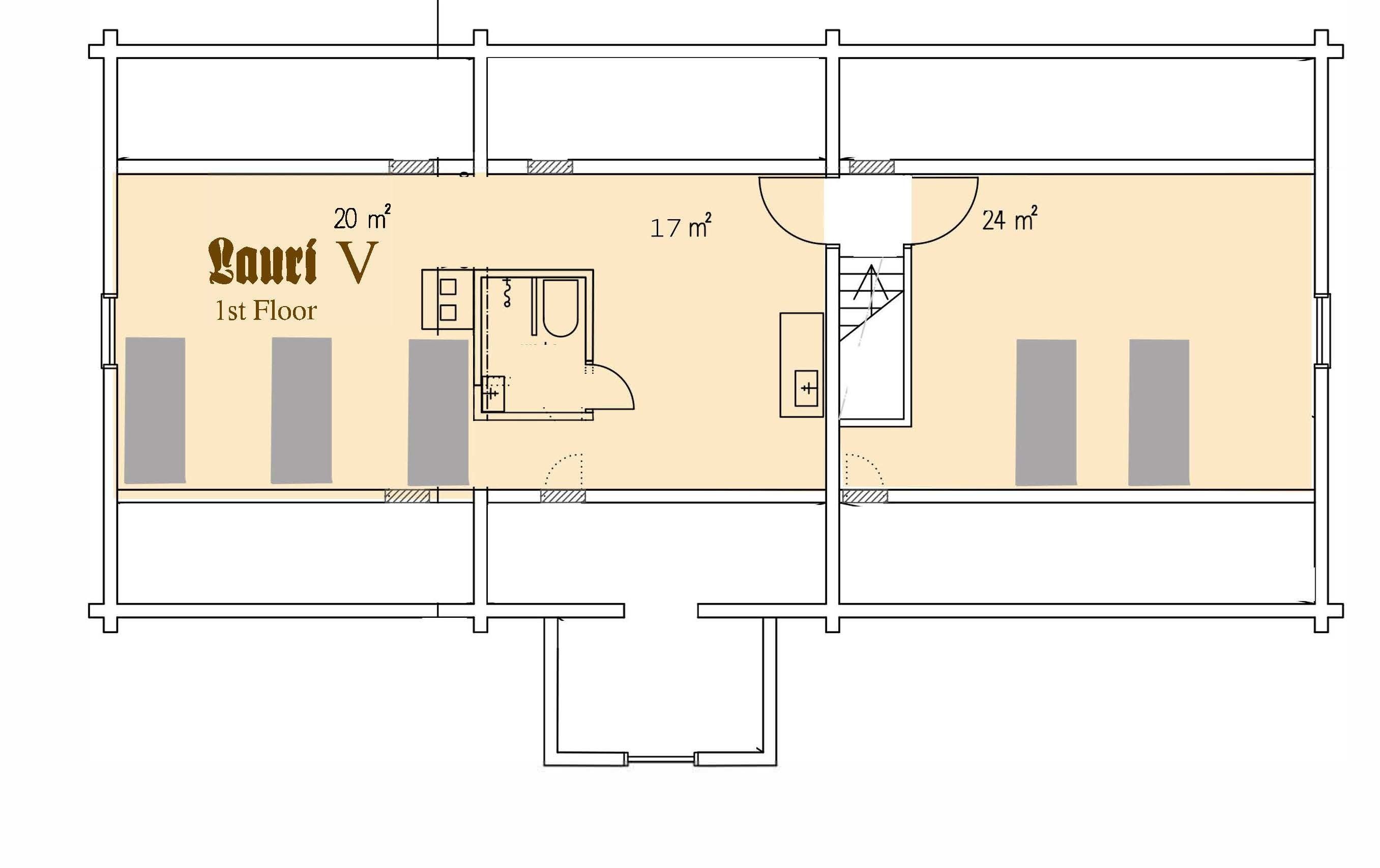 A floor plan of a hotel room labeled "Laurí V" with 20 m² on the left, 17 m² in the center, and 24 m² on the right.