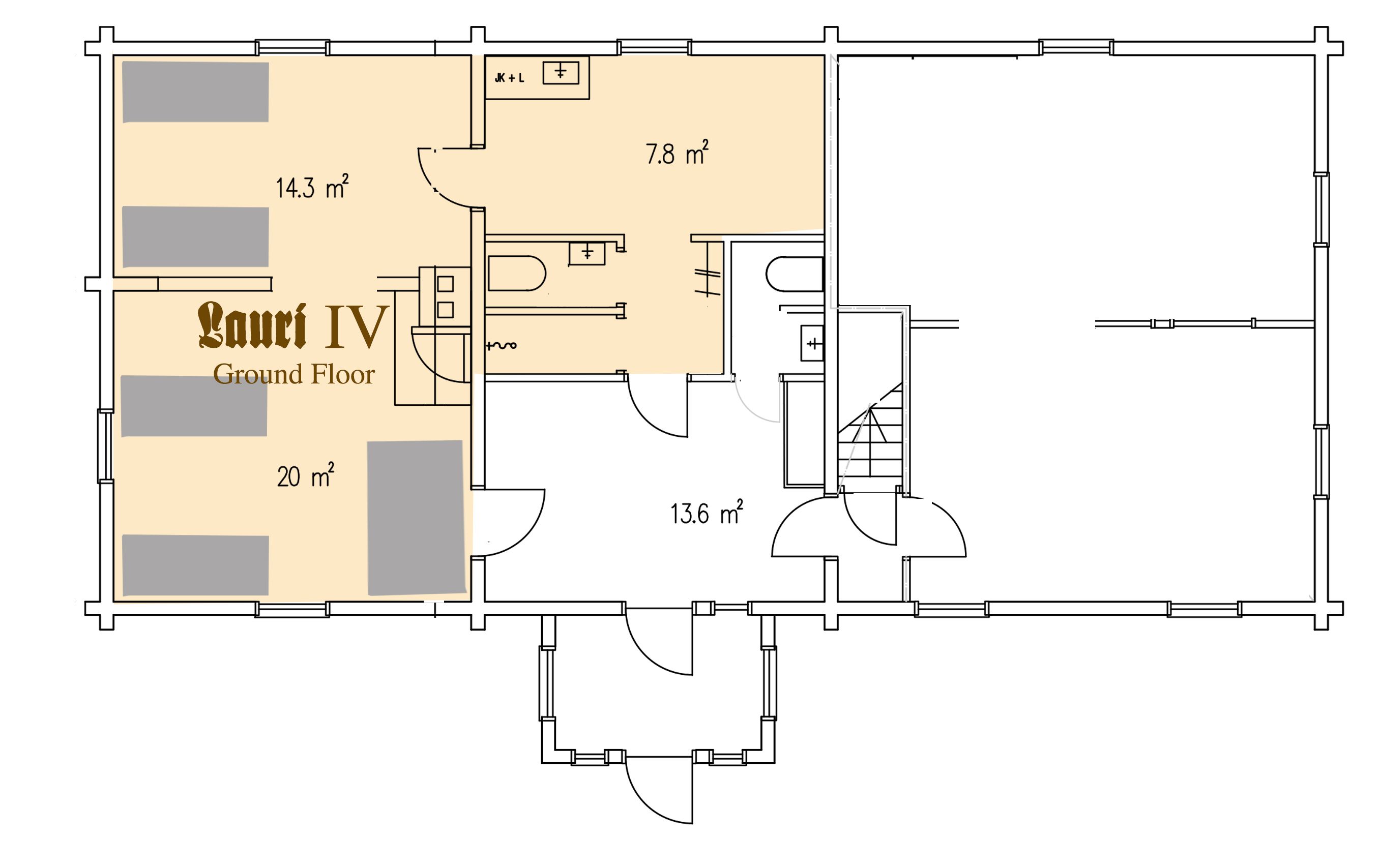 Plano de una habitación de hotel, identificada como 'Lounge IV', que incluye una zona de estar de 20 m², un baño de 13,6 m² y un rincón americano de 7,8 m².
