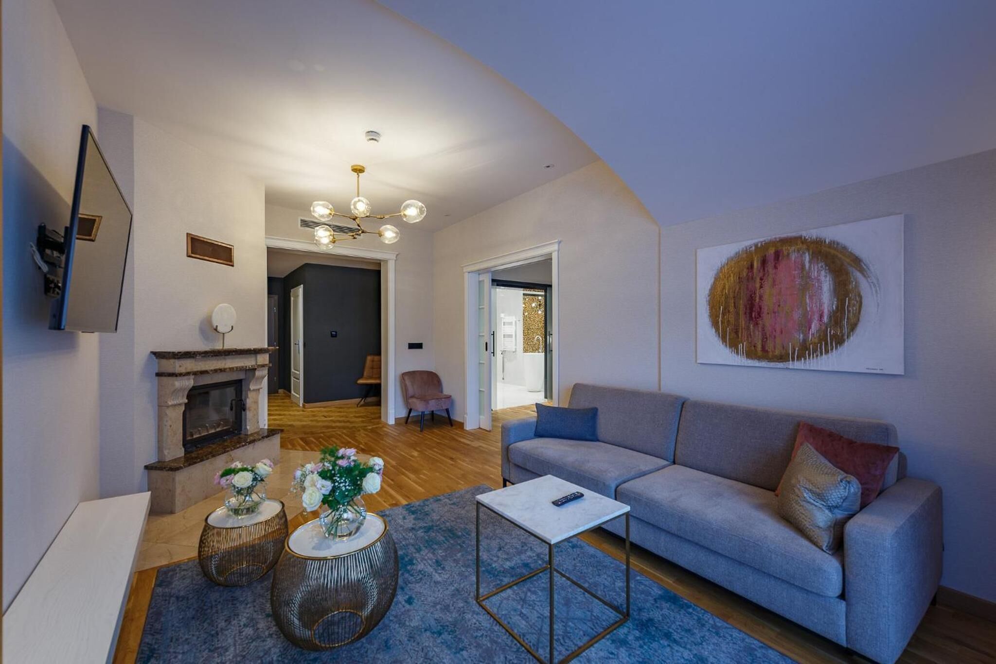 32-inch flat-screen tv with satellite channels, tv, fireplace