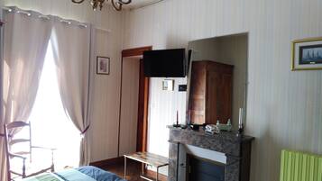 A room with a wooden bed, a fireplace, a television mounted on the wall, and a window with curtains.