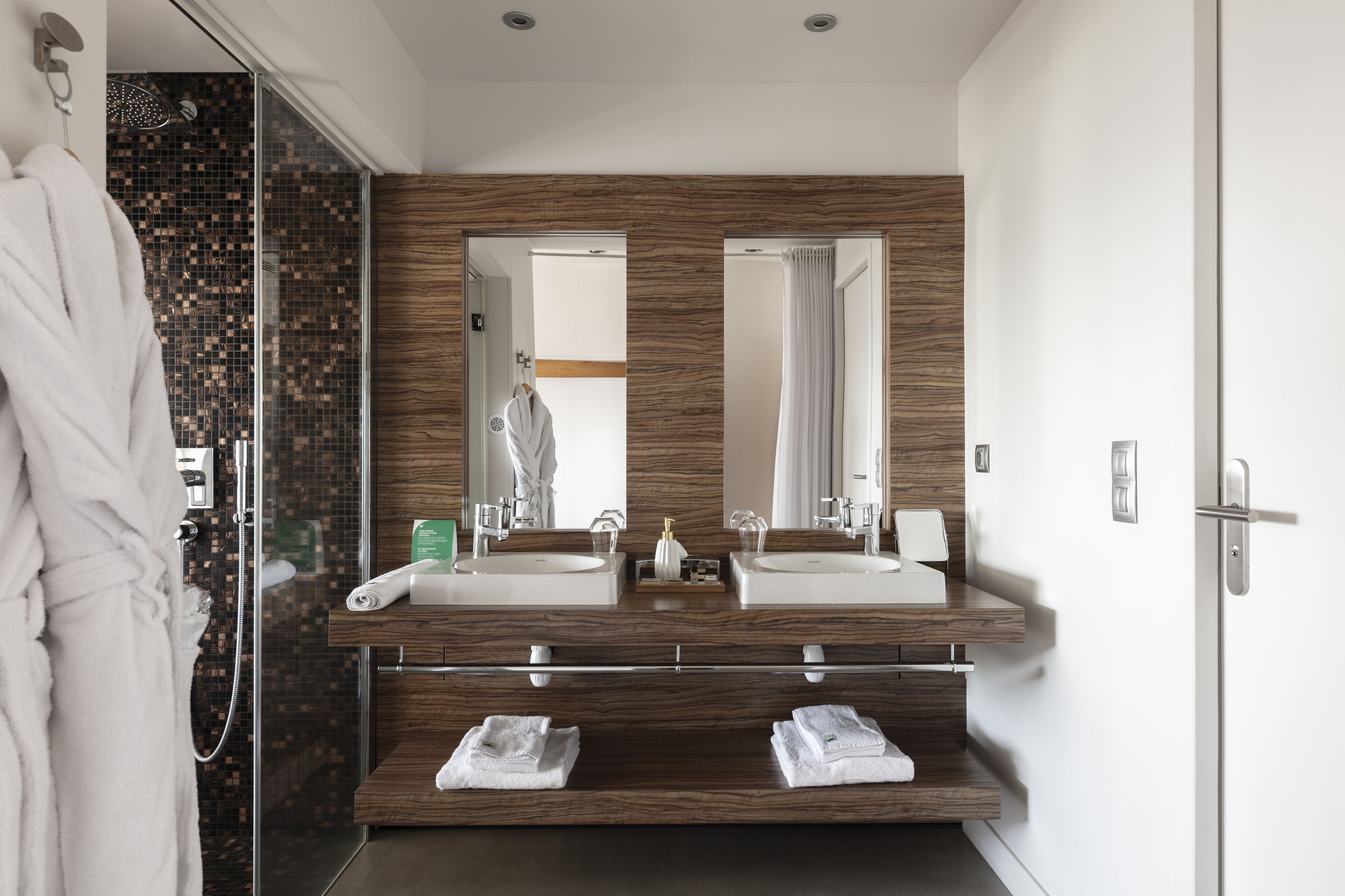 shower, designer toiletries, hair dryer, bathrobes