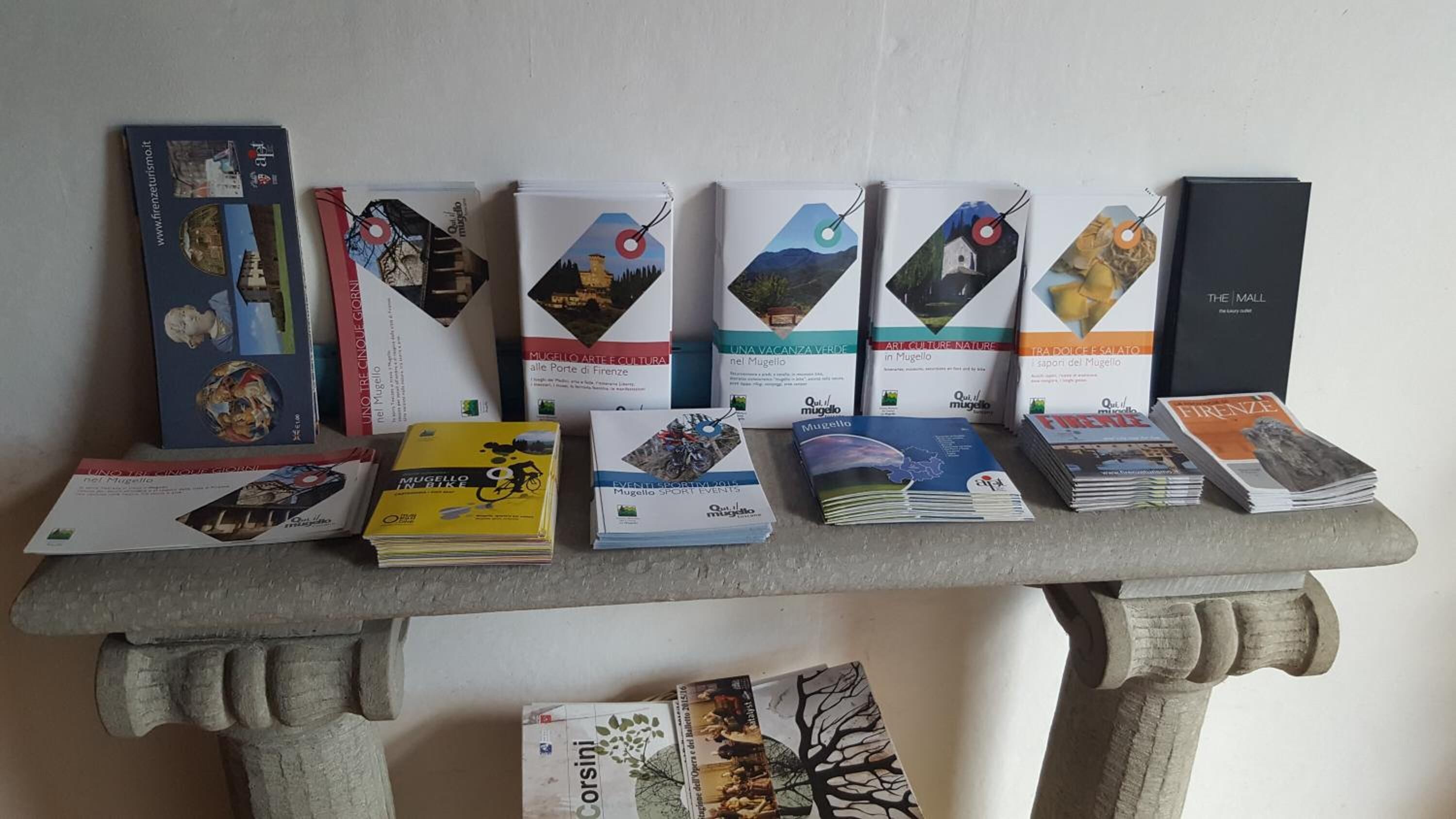 A variety of books and magazines on a table, including titles related to Florence and its cultural aspects.