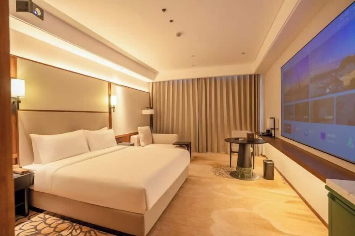 A hotel room with a large bed, a desk, a chair, a TV, and a large window.