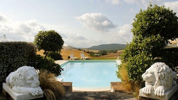 Piscina stagionale all'aperto, ombrelloni da piscina, lettini