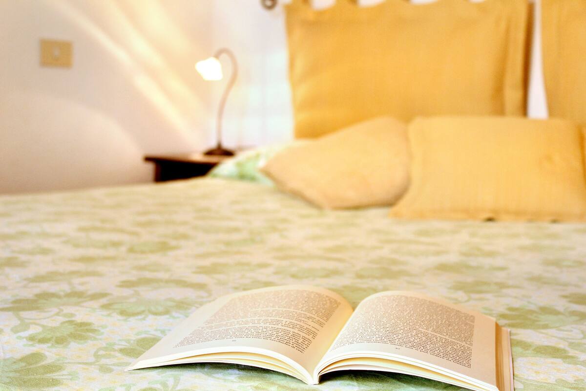 Un livre ouvert sur un lit, recouvert d’une couvre-lit à motifs.