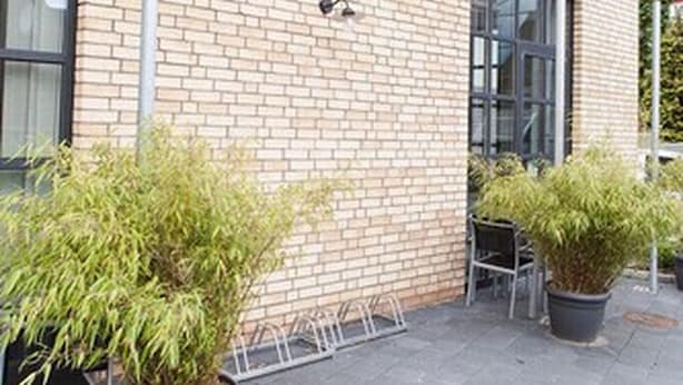 A building with a brick facade and the name "Hedels" on the wall. There are potted plants and outdoor seating.