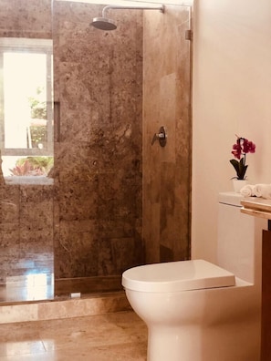 Shower, rainfall showerhead, free toiletries, hair dryer