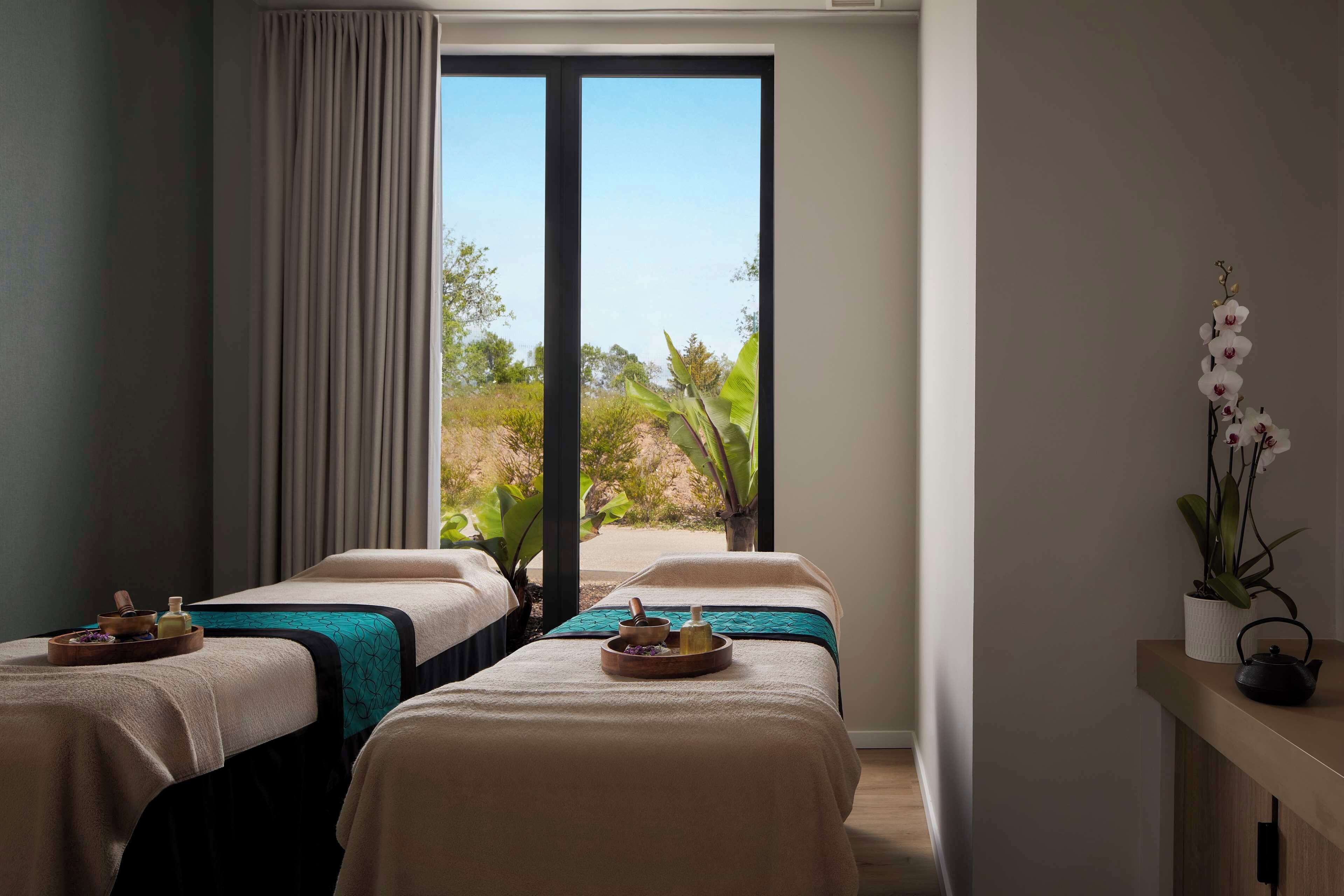 A spa room with two massage tables, a large window with a view, and a potted orchid plant.