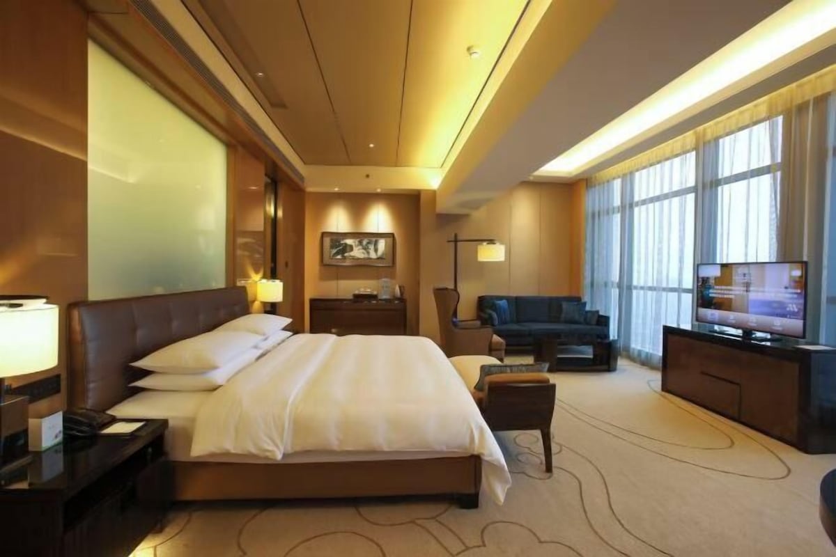 Une chambre d’hôtel avec un grand lit, une télévision, un canapé et un bureau.