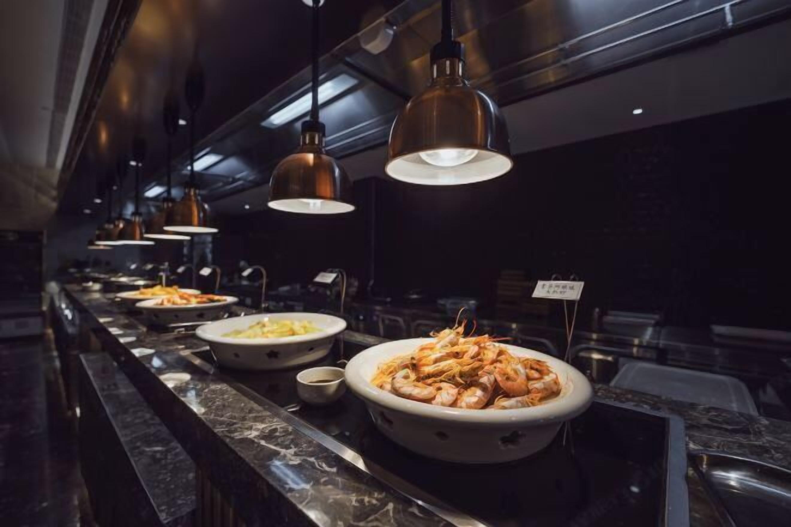 Una barra de bufé con varios platos, incluyendo mariscos, en un restaurante con poca luz.