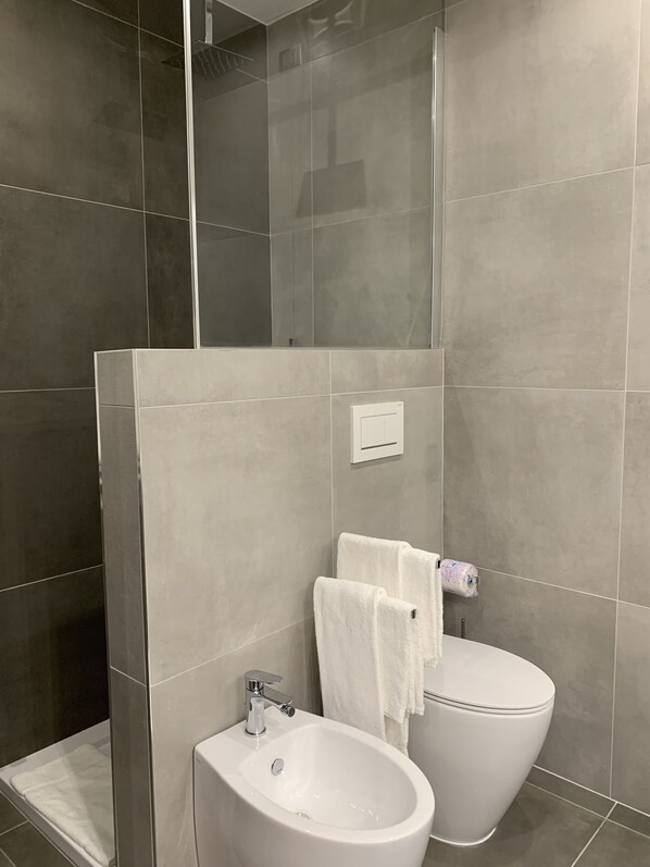 Une salle de bain moderne avec une douche à parois de verre, un lavabo blanc et des toilettes.