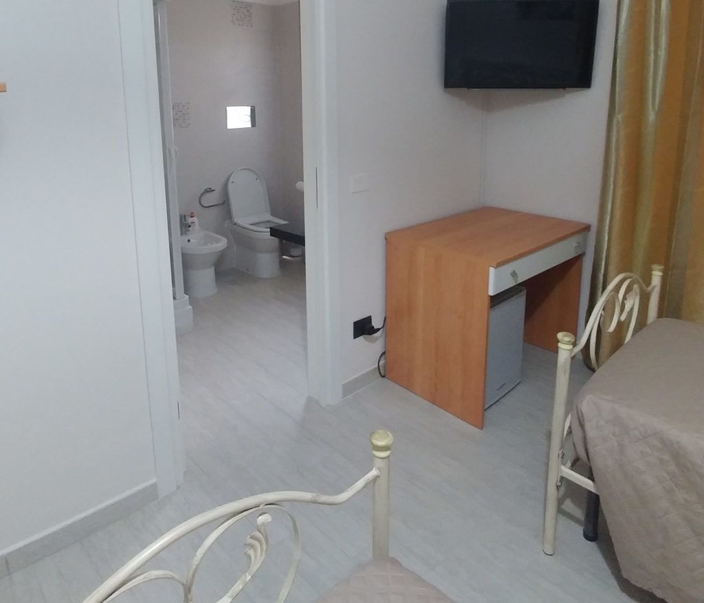 A bedroom with a bed, a desk, a television, and a bathroom with a toilet and bidet.