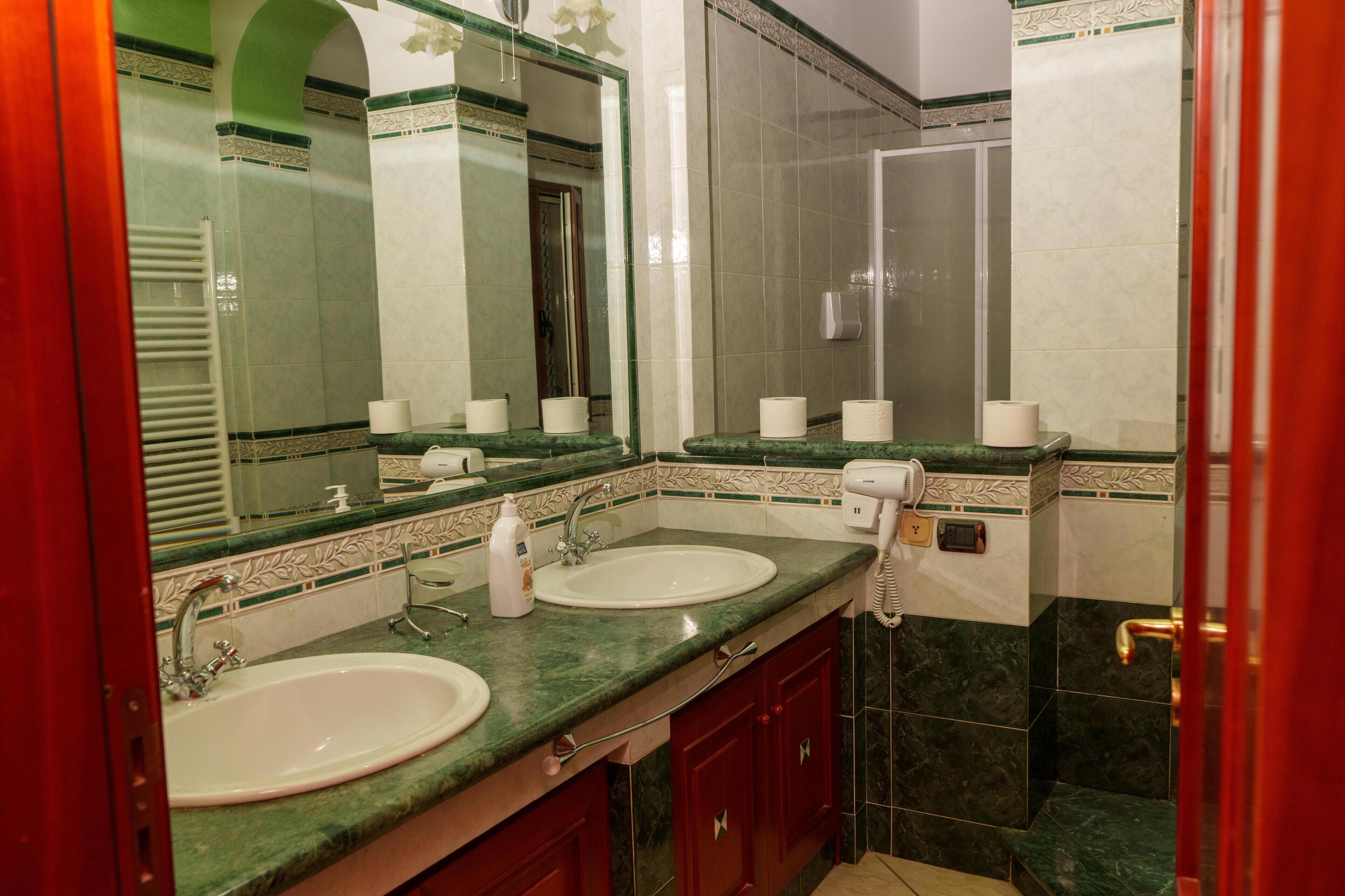 A bathroom with two sinks, a mirror, and a shower.