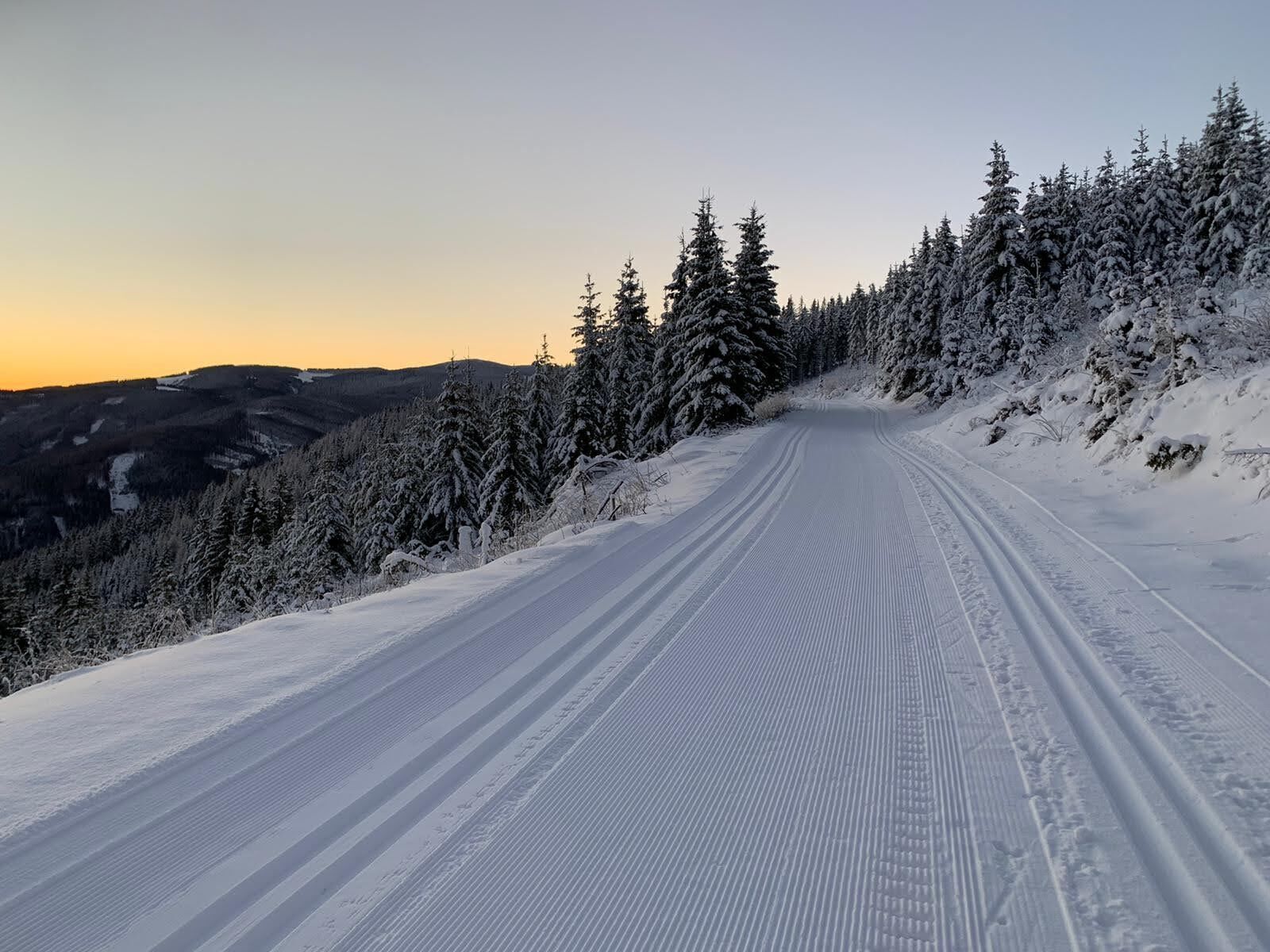 A snow-covered road flanked by evergreen trees, leading through a mountainous landscape.