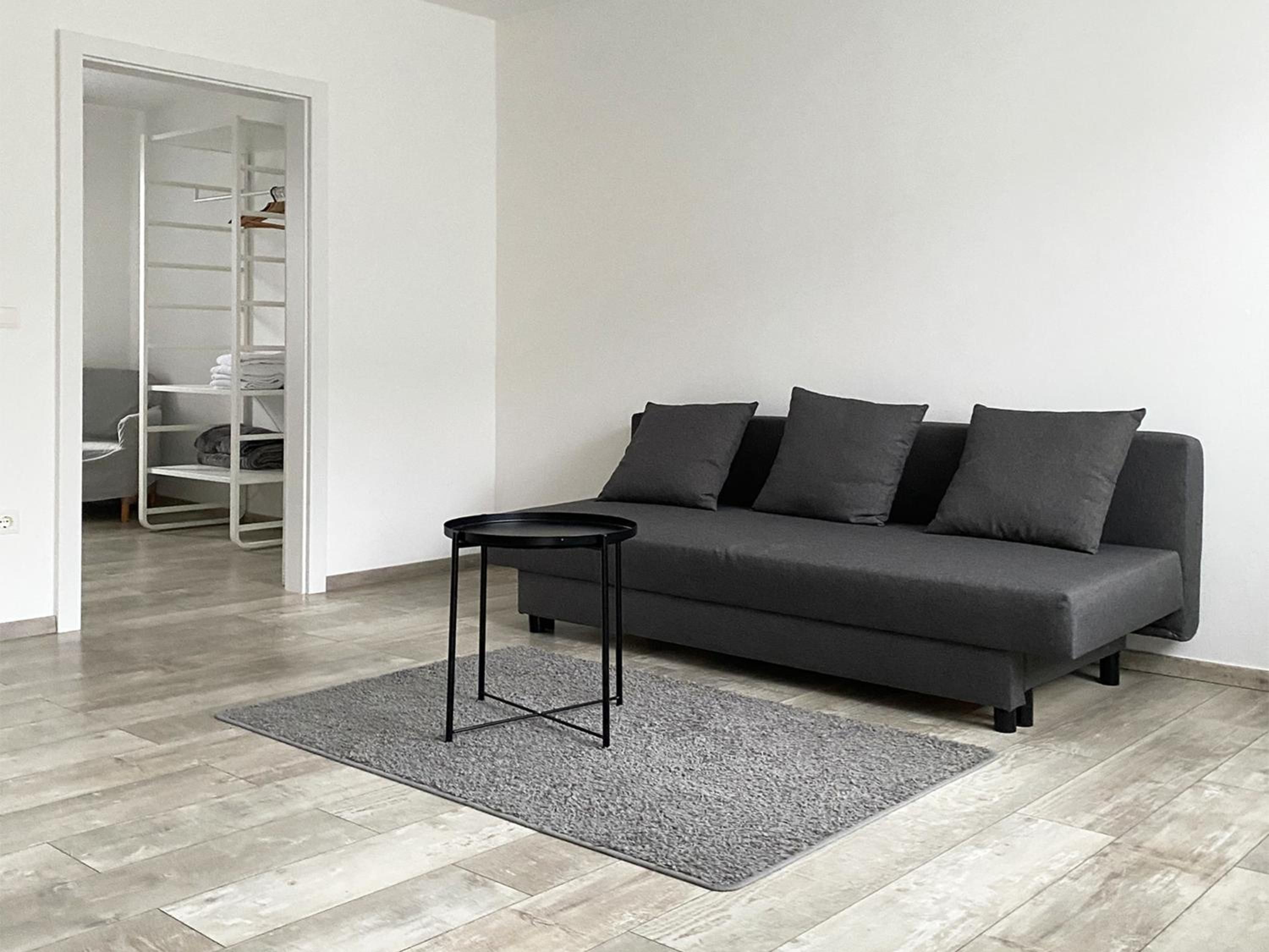 Een moderne woonkamer met een grijze bank, een klein zwart bijzettafeltje en een grijze vloerkleden.