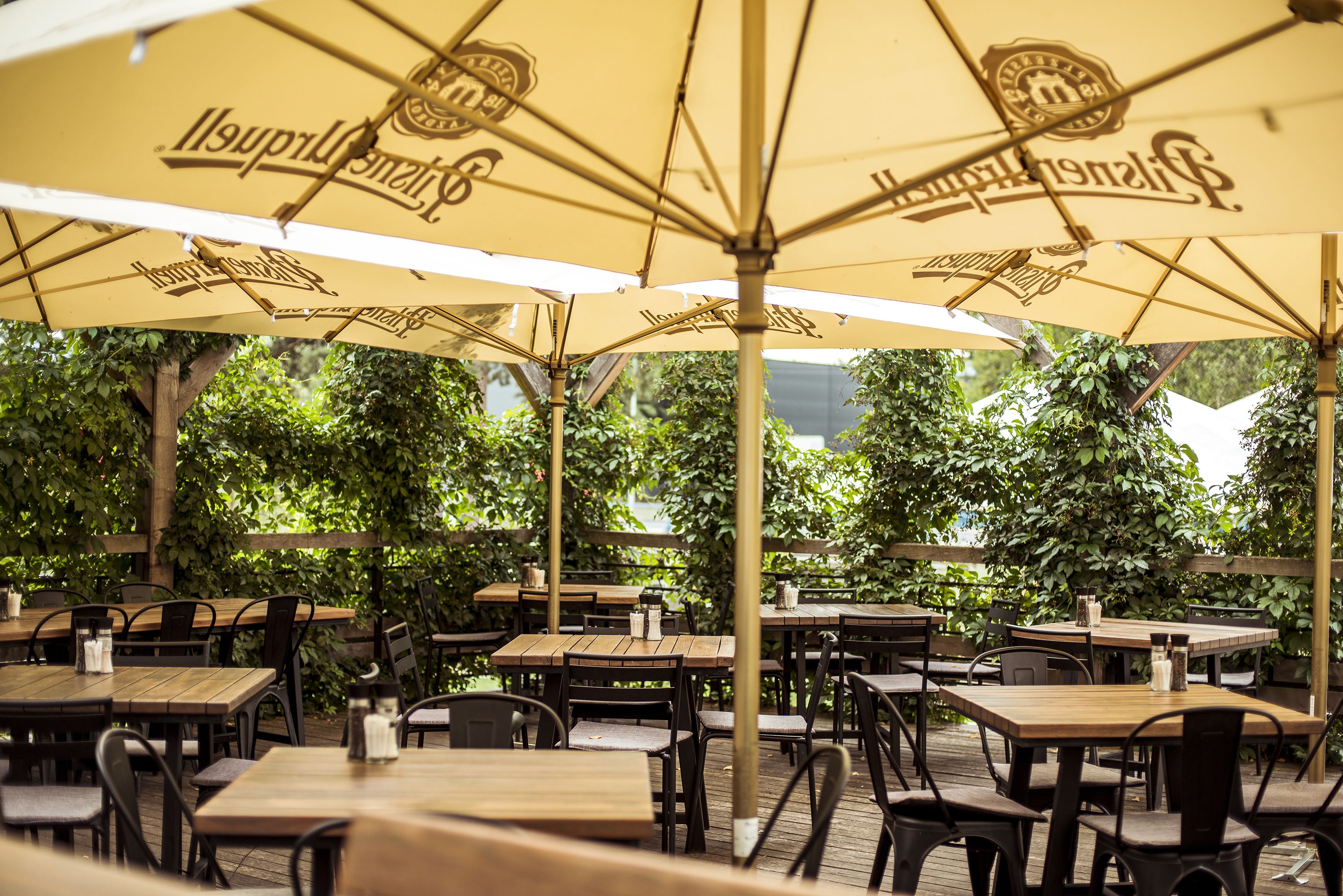 Un espace de restauration en plein air avec des tables et des chaises en bois, protégé par de grands parasols jaunes ornés de logos.