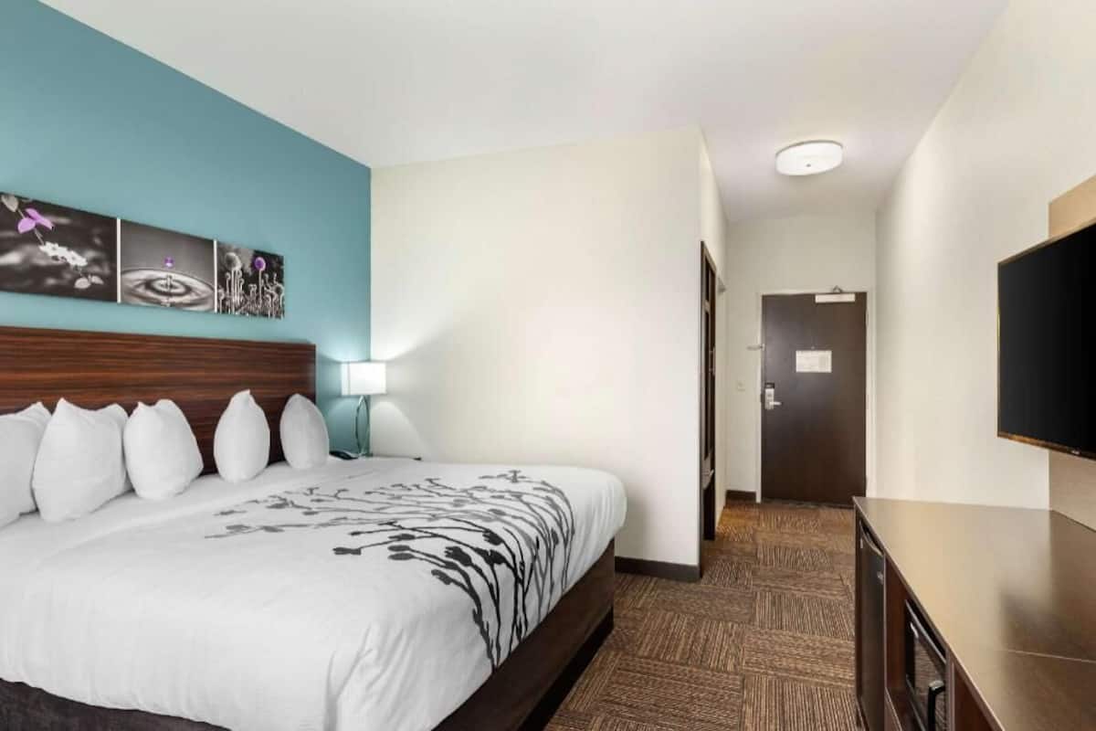 A hotel room with a bed, a TV, a desk, and a door.