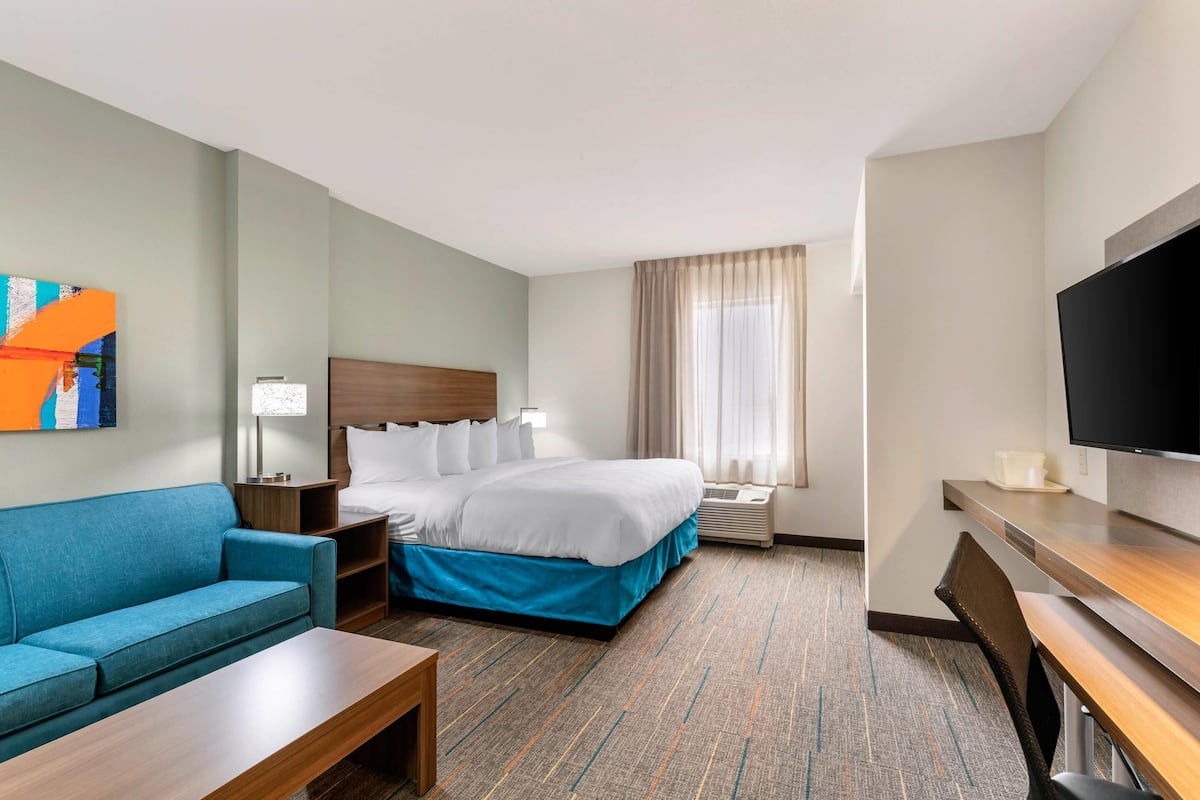 A hotel room with a bed, a blue sofa, a desk, a television, and a window with curtains.