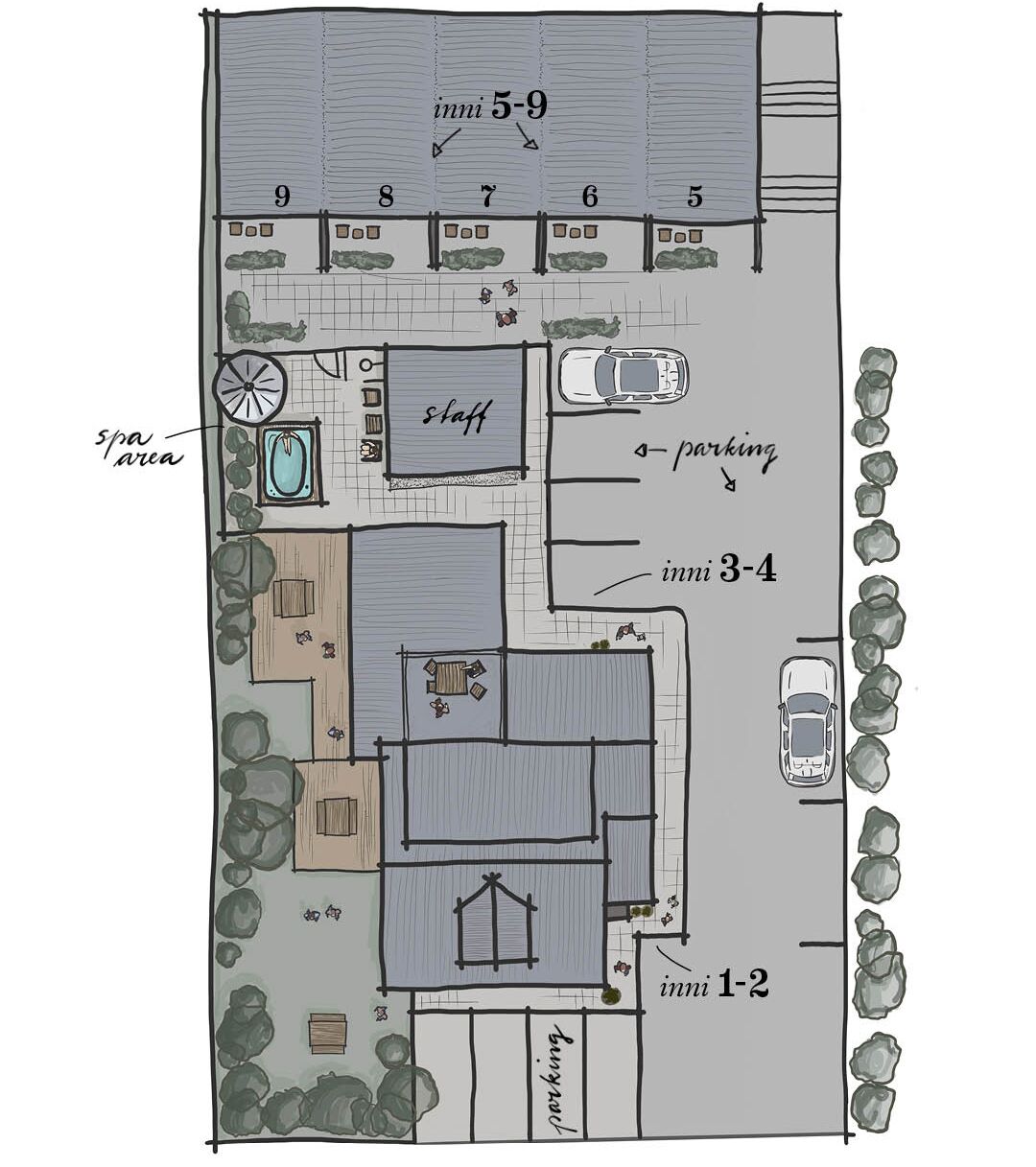 Distribución de un hotel con habitaciones numeradas, zona de spa, cuarto de personal, estacionamiento y piscina.