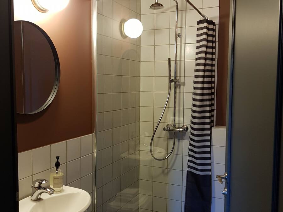 Un baño con lavamanos, espejo y ducha.